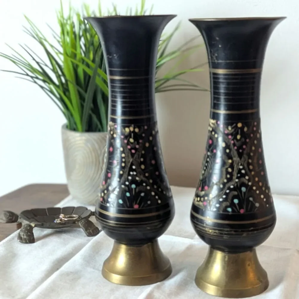 Vintage Etched Brass Vases |Black & Gold Boho Lotus Decor | Mid Century Pair